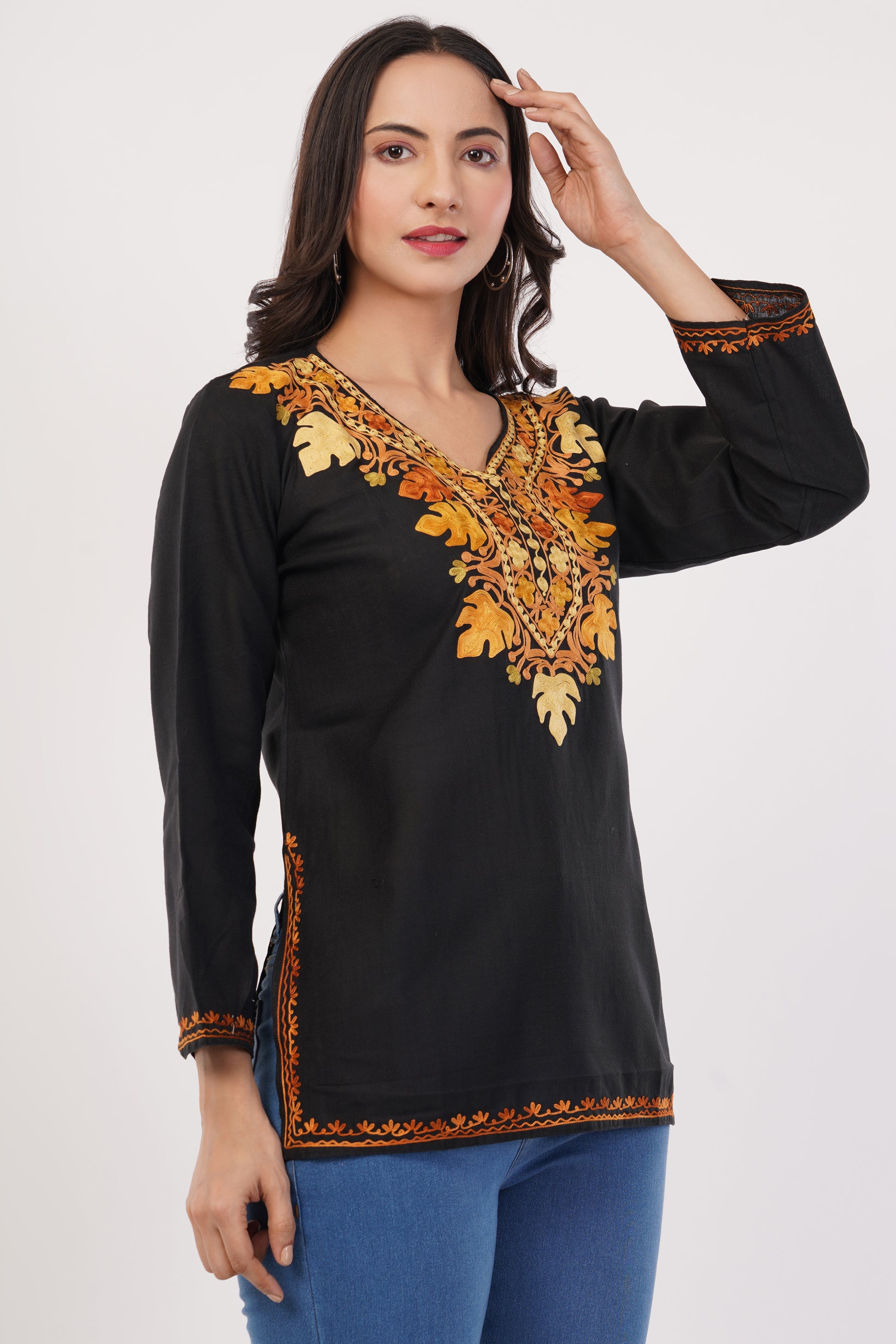 Kashmiri Aari embroidery Cotton Short Kurti Size-38 (Black)