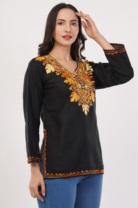 Kashmiri Aari embroidery Cotton Short Kurti Size-38 (Black)