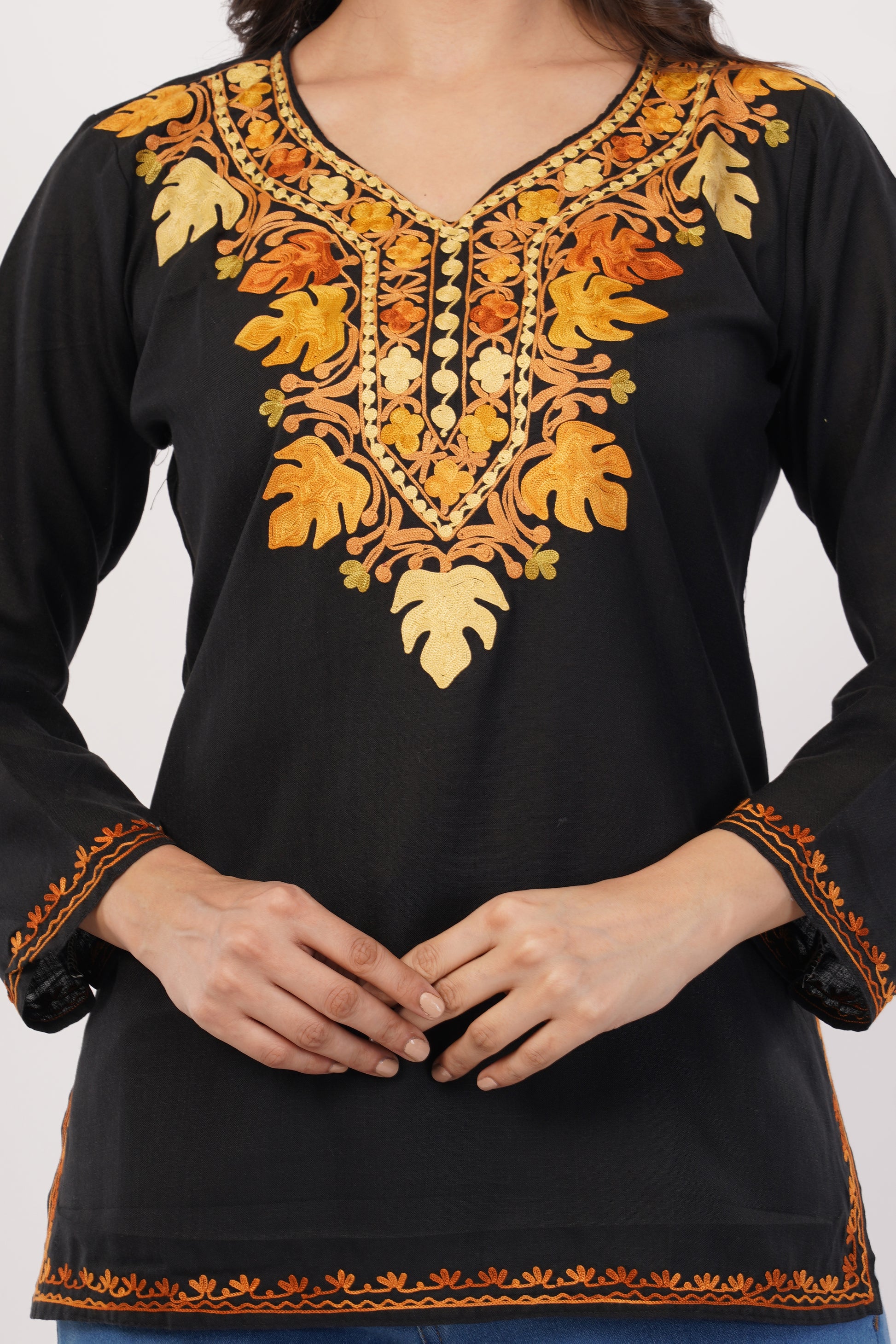 Kashmiri Aari embroidery Cotton Short Kurti Size-38 (Black)