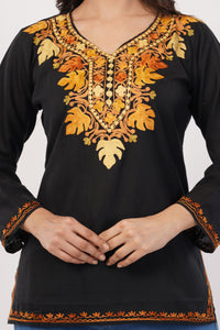 Kashmiri Aari embroidery Cotton Short Kurti Size-38 (Black)
