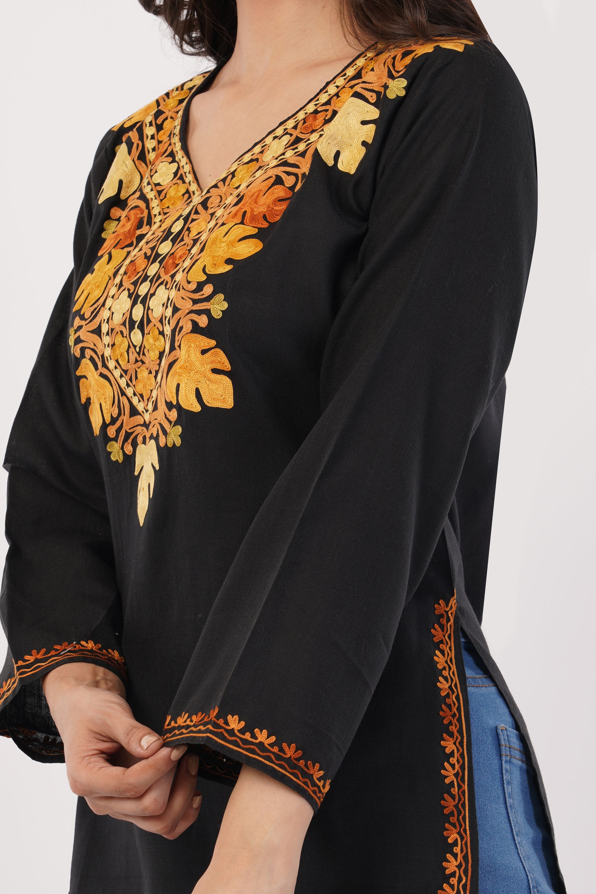 Kashmiri Aari embroidery Cotton Short Kurti Size-38 (Black)