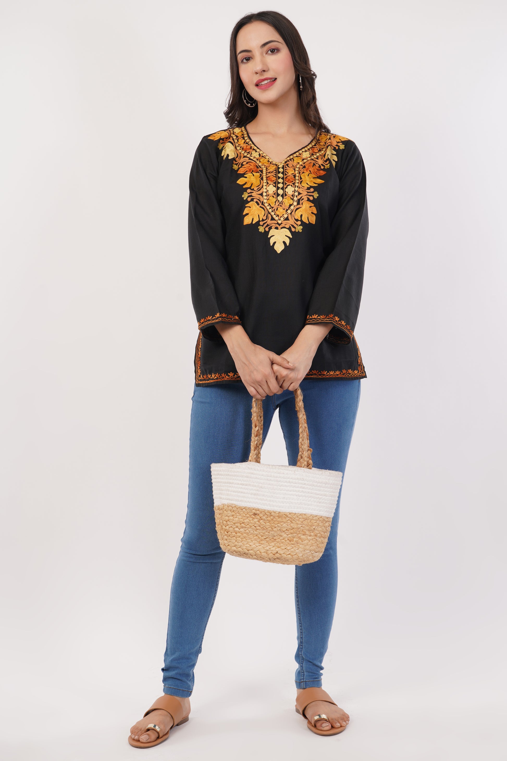 Kashmiri Aari embroidery Cotton Short Kurti Size-38 (Black)