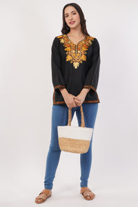 Kashmiri Aari embroidery Cotton Short Kurti Size-38 (Black)