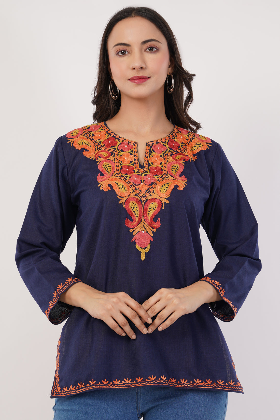 Kashmiri Aari embroidery Cotton Short Kurti Size-38 (Navy Blue)