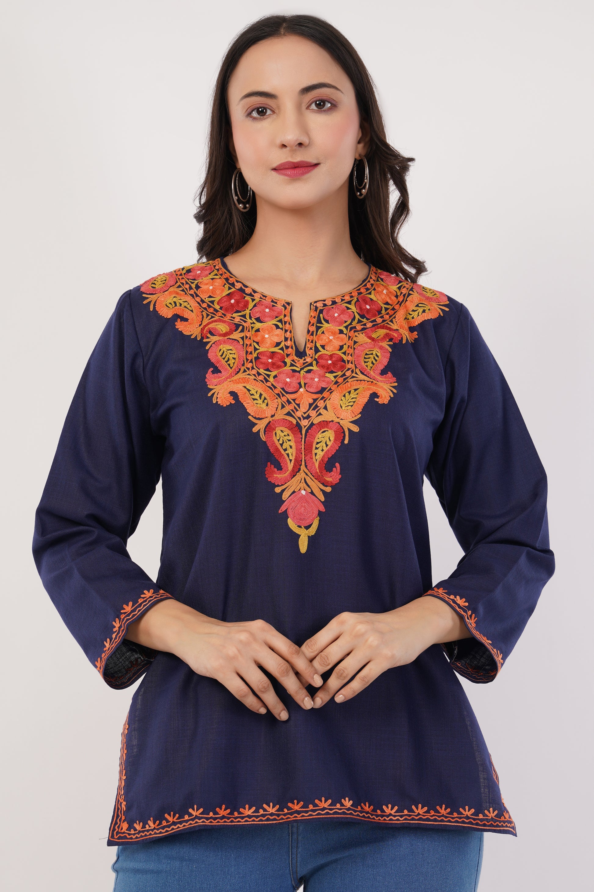 Kashmiri Aari embroidery Cotton Short Kurti Size-38 (Navy Blue)