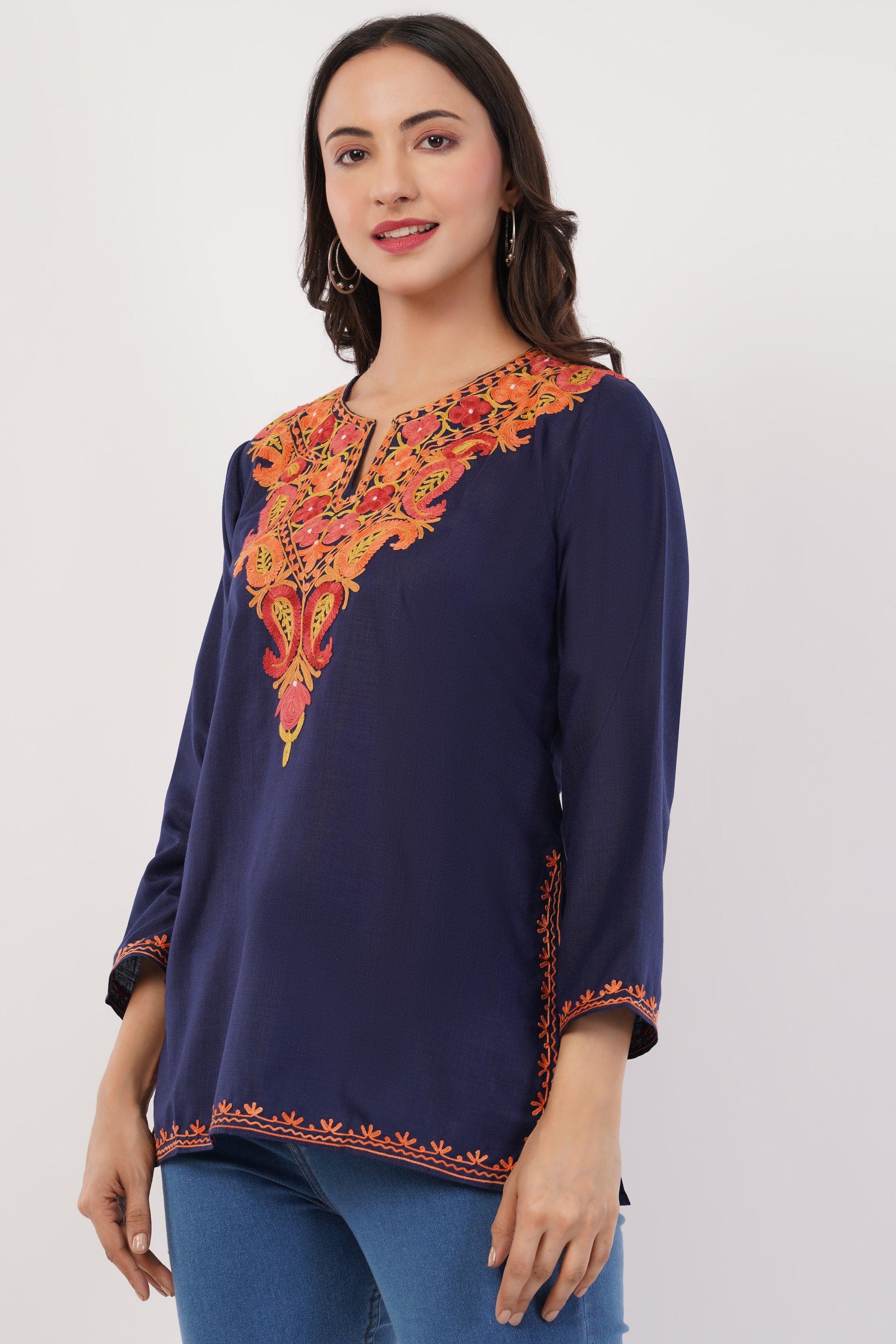 Kashmiri Aari embroidery Cotton Short Kurti Size-38 (Navy Blue)