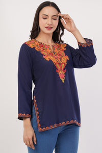 Kashmiri Aari embroidery Cotton Short Kurti Size-38 (Navy Blue)