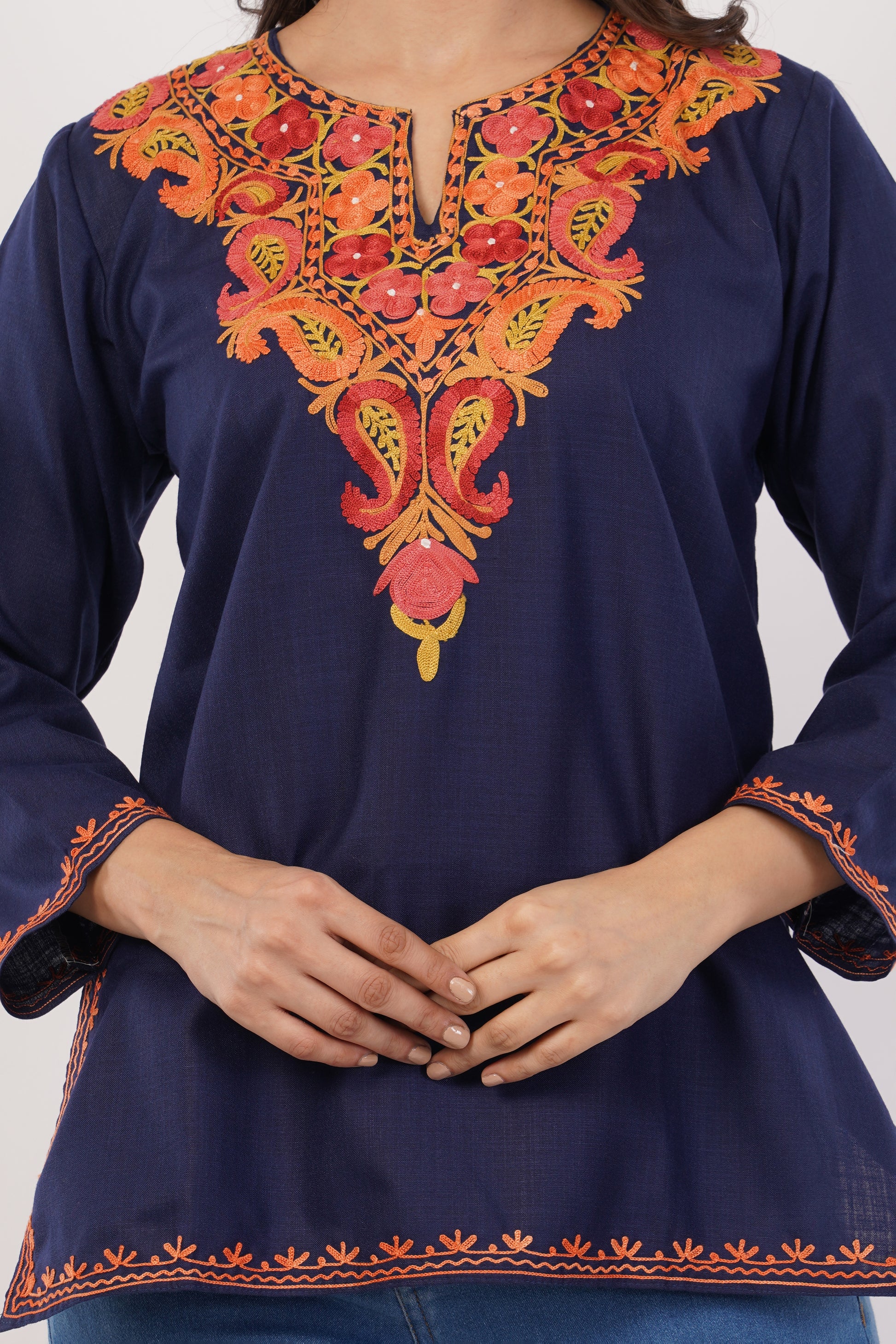 Kashmiri Aari embroidery Cotton Short Kurti Size-38 (Navy Blue)