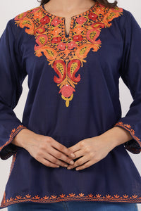 Kashmiri Aari embroidery Cotton Short Kurti Size-38 (Navy Blue)