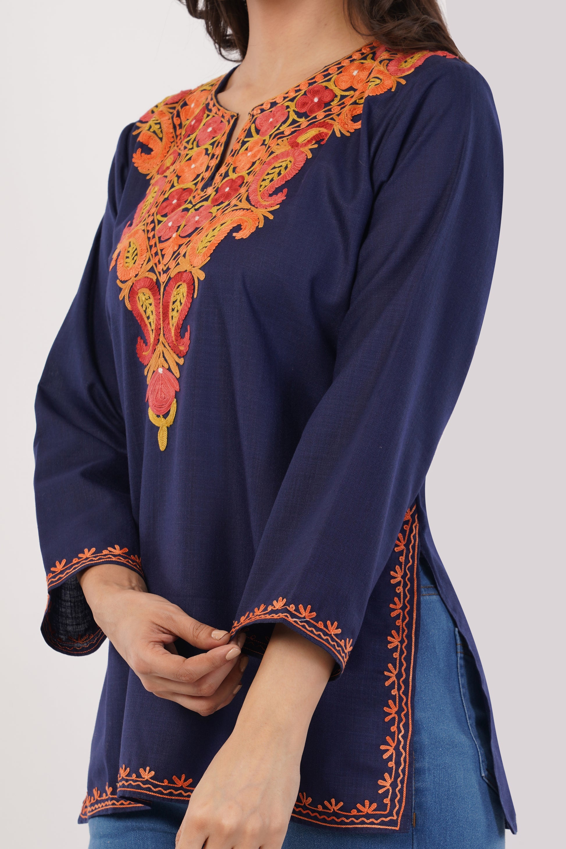 Kashmiri Aari embroidery Cotton Short Kurti Size-38 (Navy Blue)