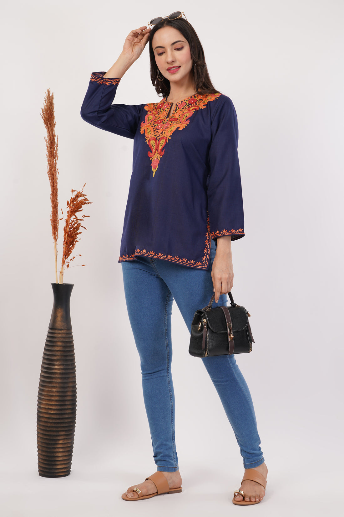 Kashmiri Aari embroidery Cotton Short Kurti Size-38 (Navy Blue)