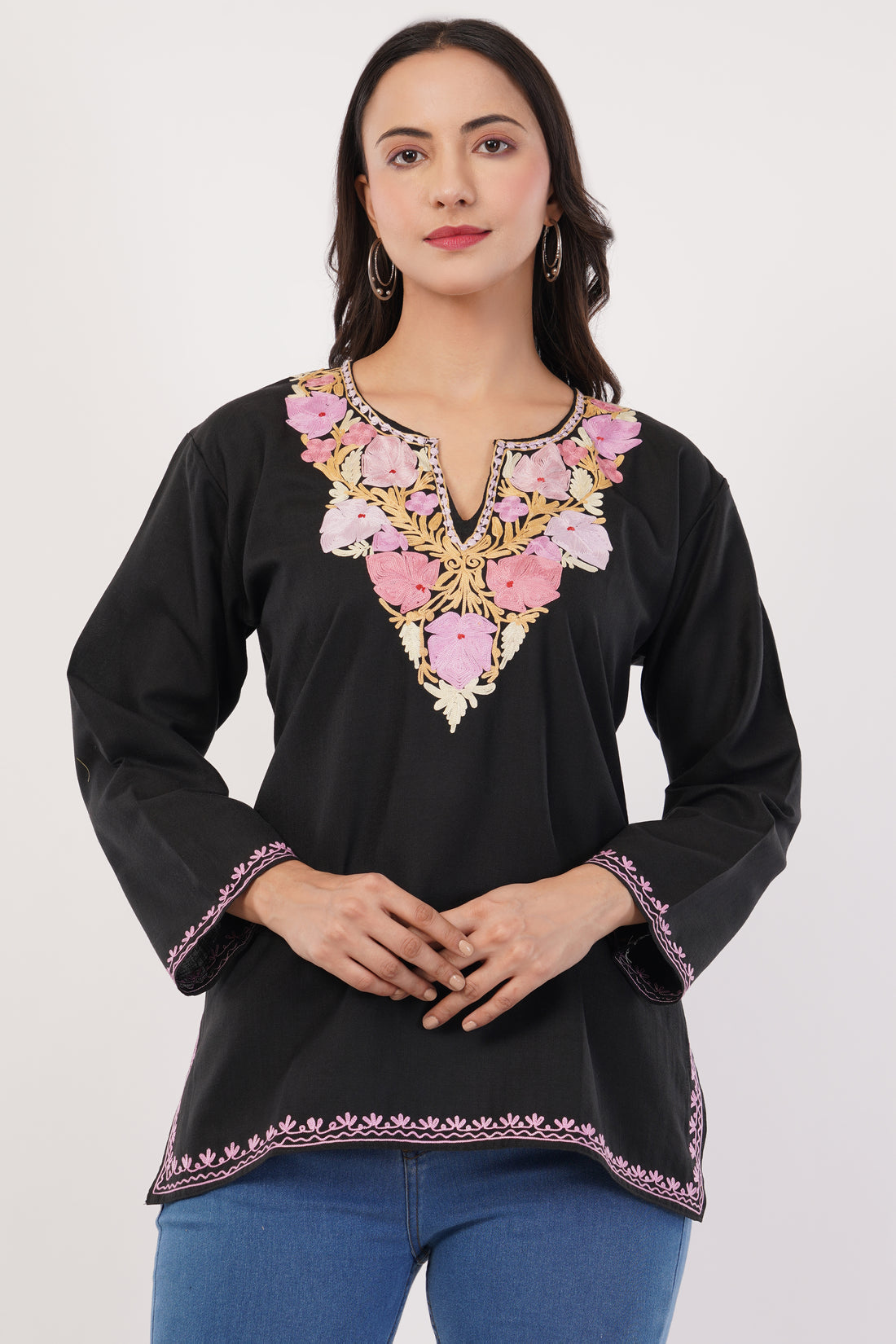 Kashmiri Aari embroidery Cotton Short Kurti Size-38 (Black)