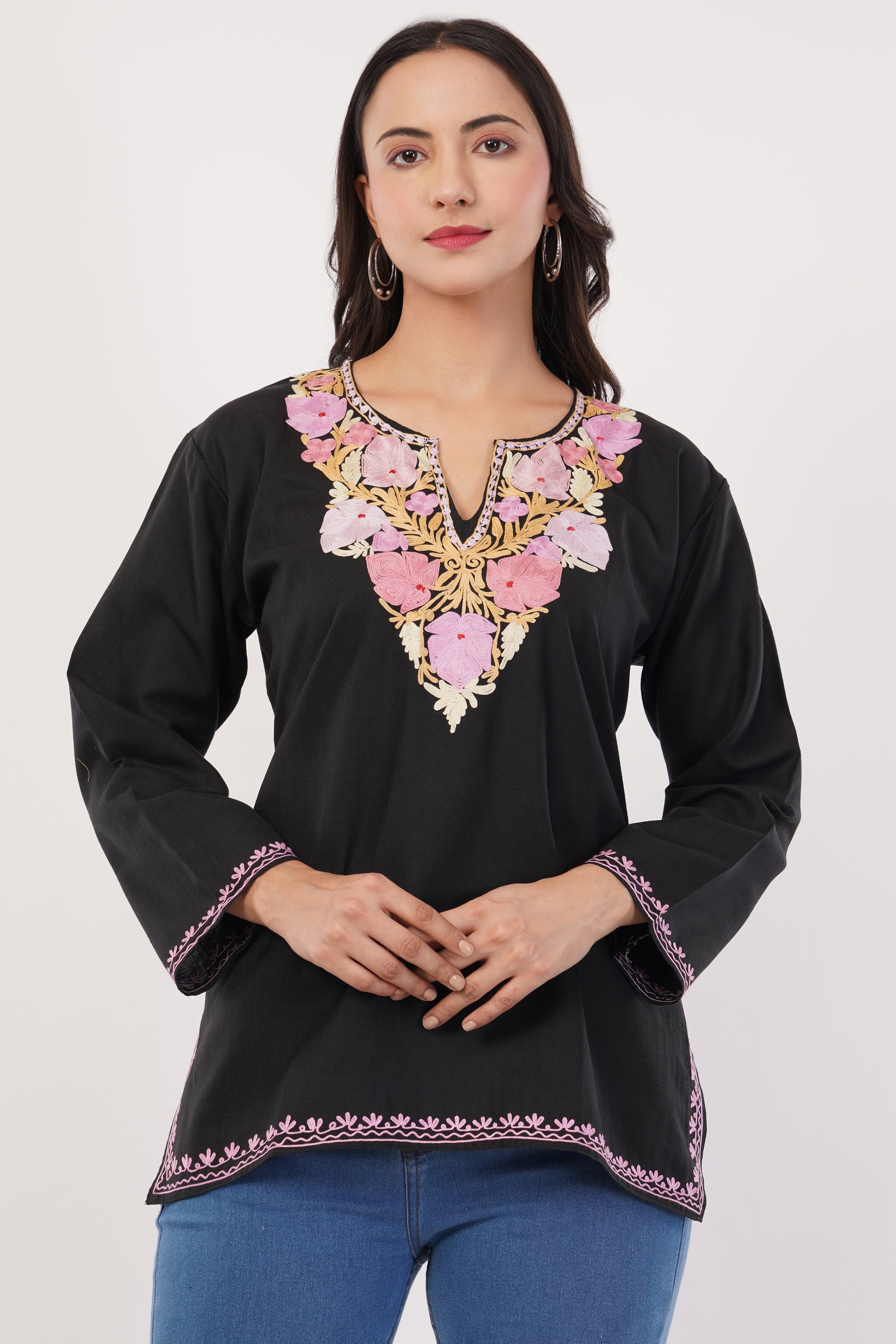 Kashmiri Aari embroidery Cotton Short Kurti Size-38 (Black)