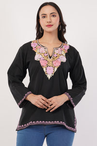 Kashmiri Aari embroidery Cotton Short Kurti Size-38 (Black)