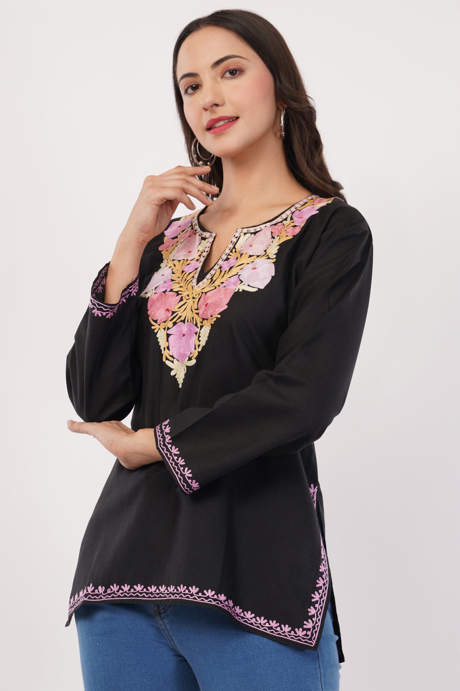 Kashmiri Aari embroidery Cotton Short Kurti Size-38 (Black)