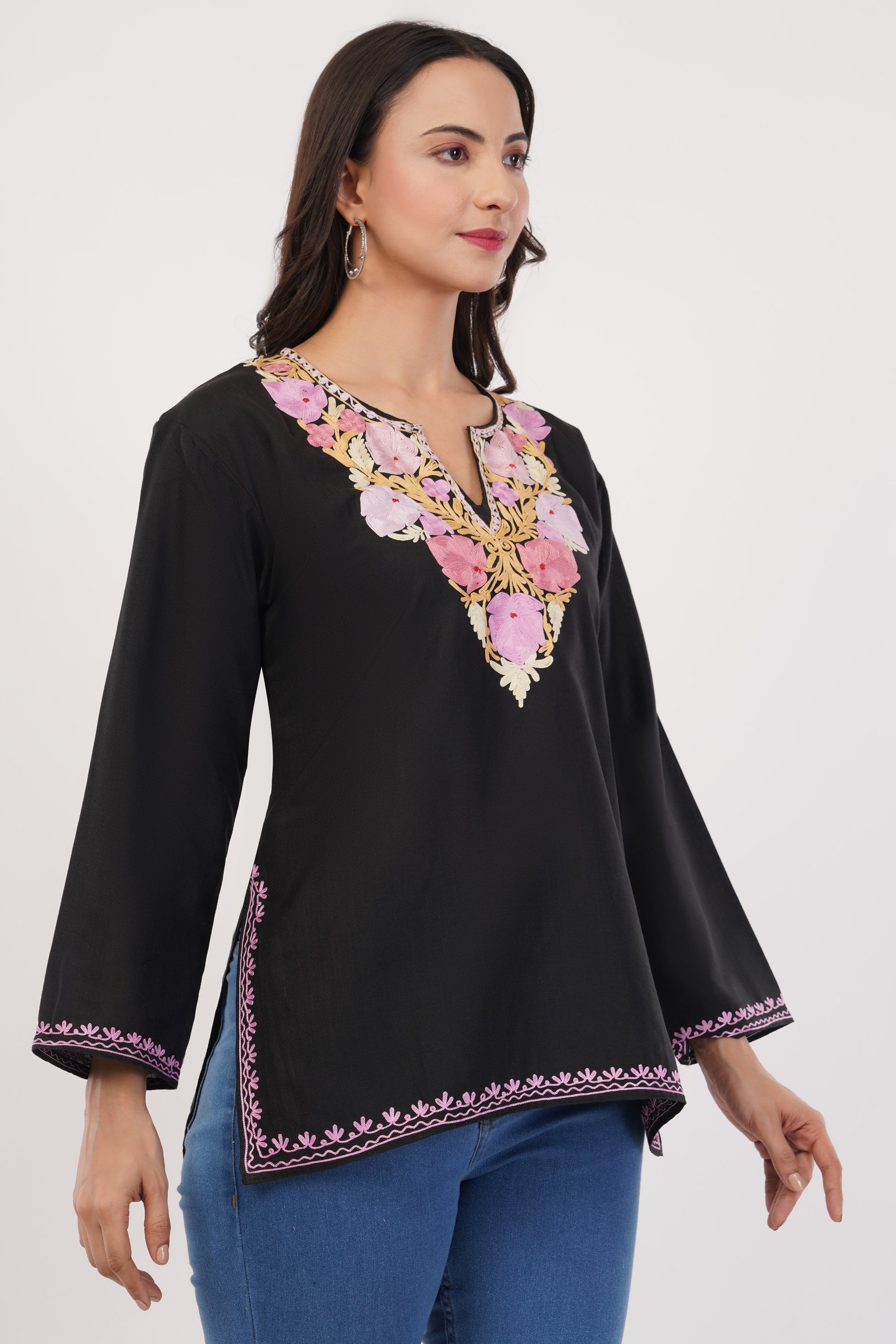 Kashmiri Aari embroidery Cotton Short Kurti Size-38 (Black)