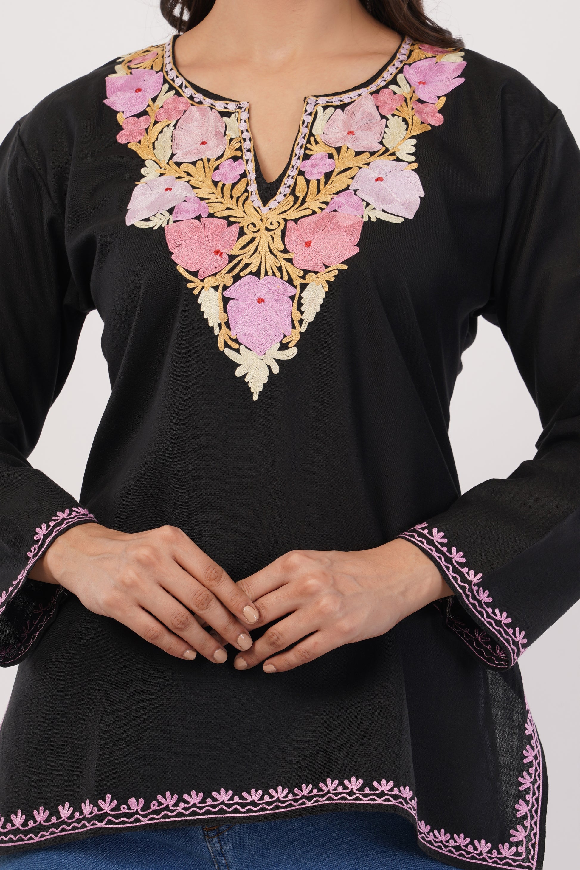 Kashmiri Aari embroidery Cotton Short Kurti Size-38 (Black)