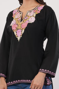 Kashmiri Aari embroidery Cotton Short Kurti Size-38 (Black)
