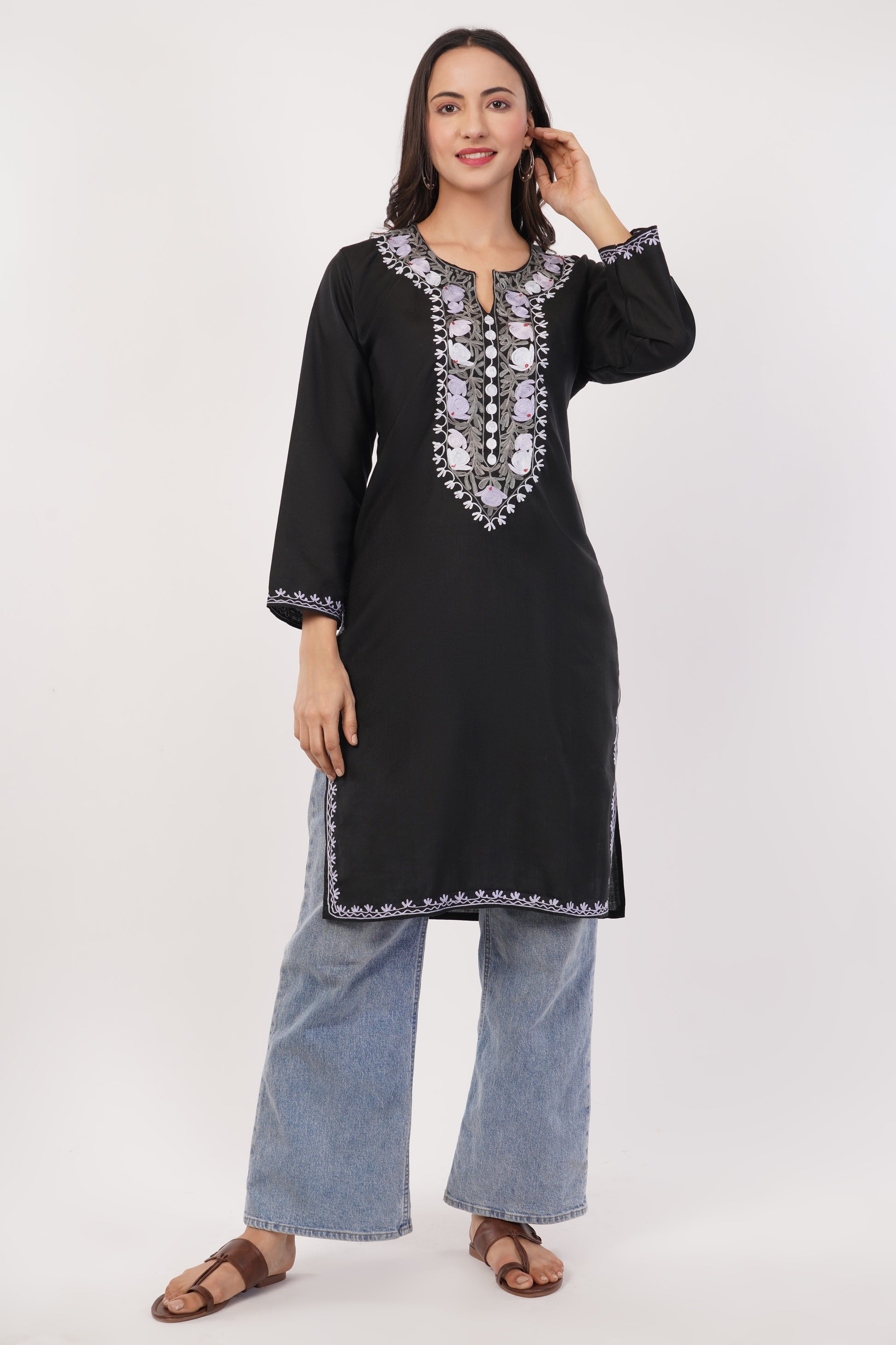 Kashmiri Aari embroidery Cotton Long Kurti Size-38 (Black)