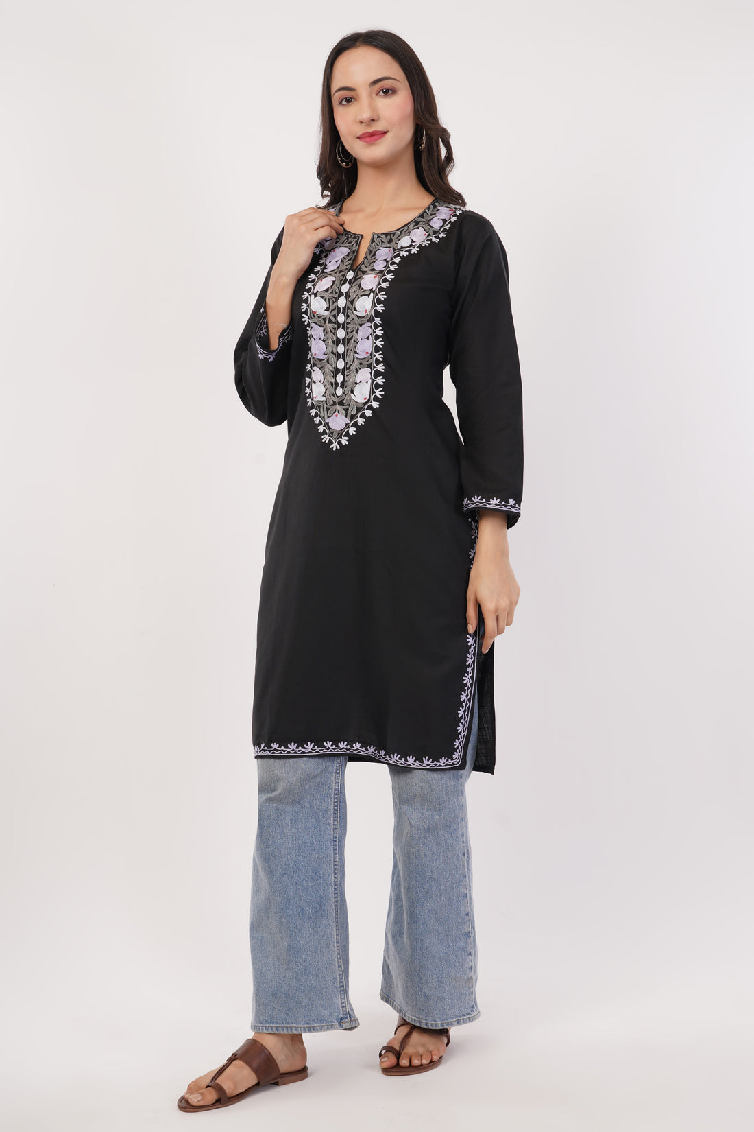 Kashmiri Aari embroidery Cotton Long Kurti Size-38 (Black)