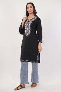 Kashmiri Aari embroidery Cotton Long Kurti Size-38 (Black)