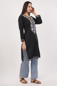 Kashmiri Aari embroidery Cotton Long Kurti Size-38 (Black)