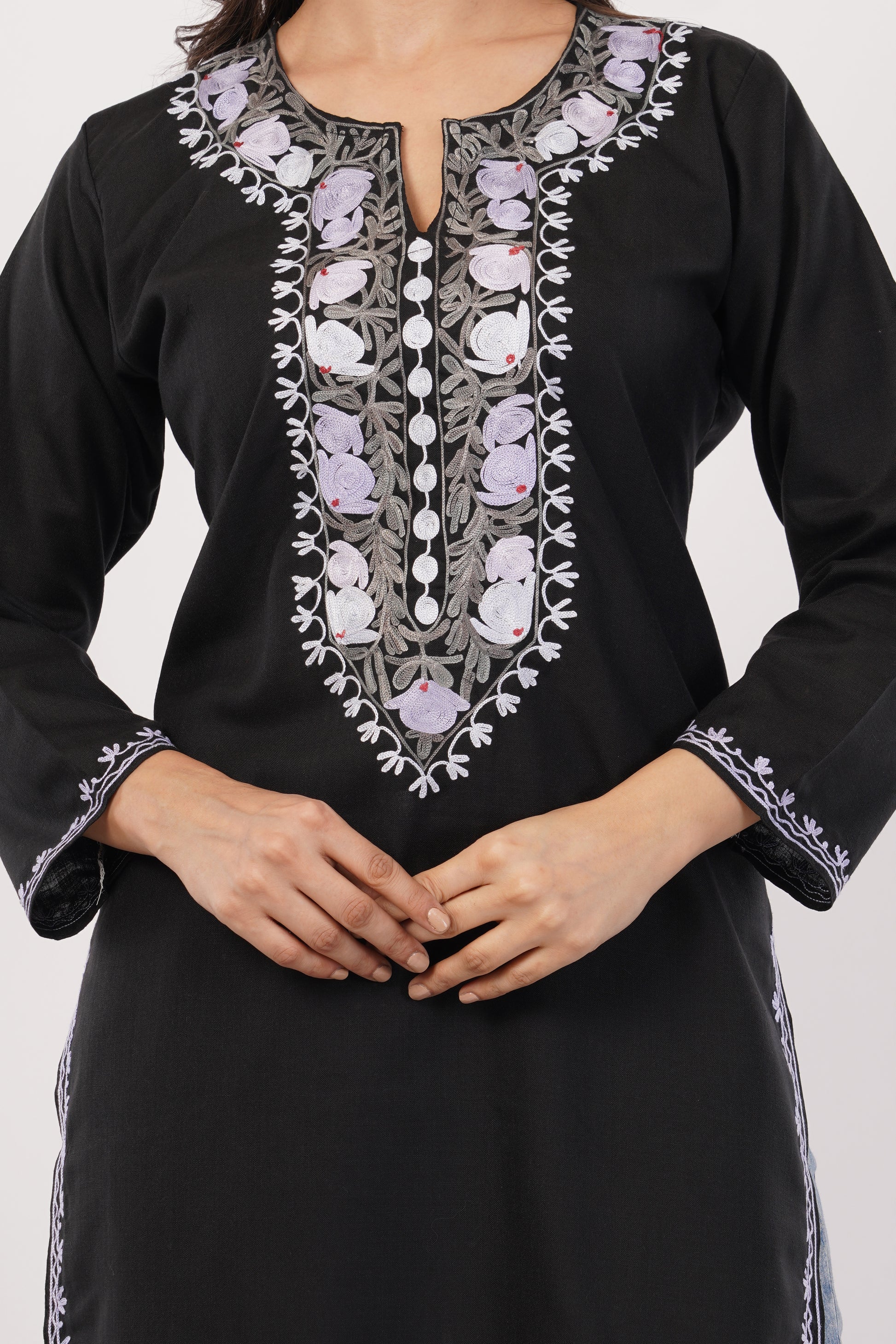 Kashmiri Aari embroidery Cotton Long Kurti Size-38 (Black)