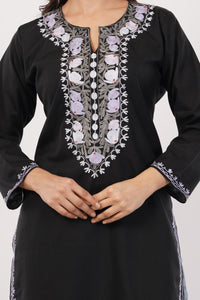 Kashmiri Aari embroidery Cotton Long Kurti Size-38 (Black)