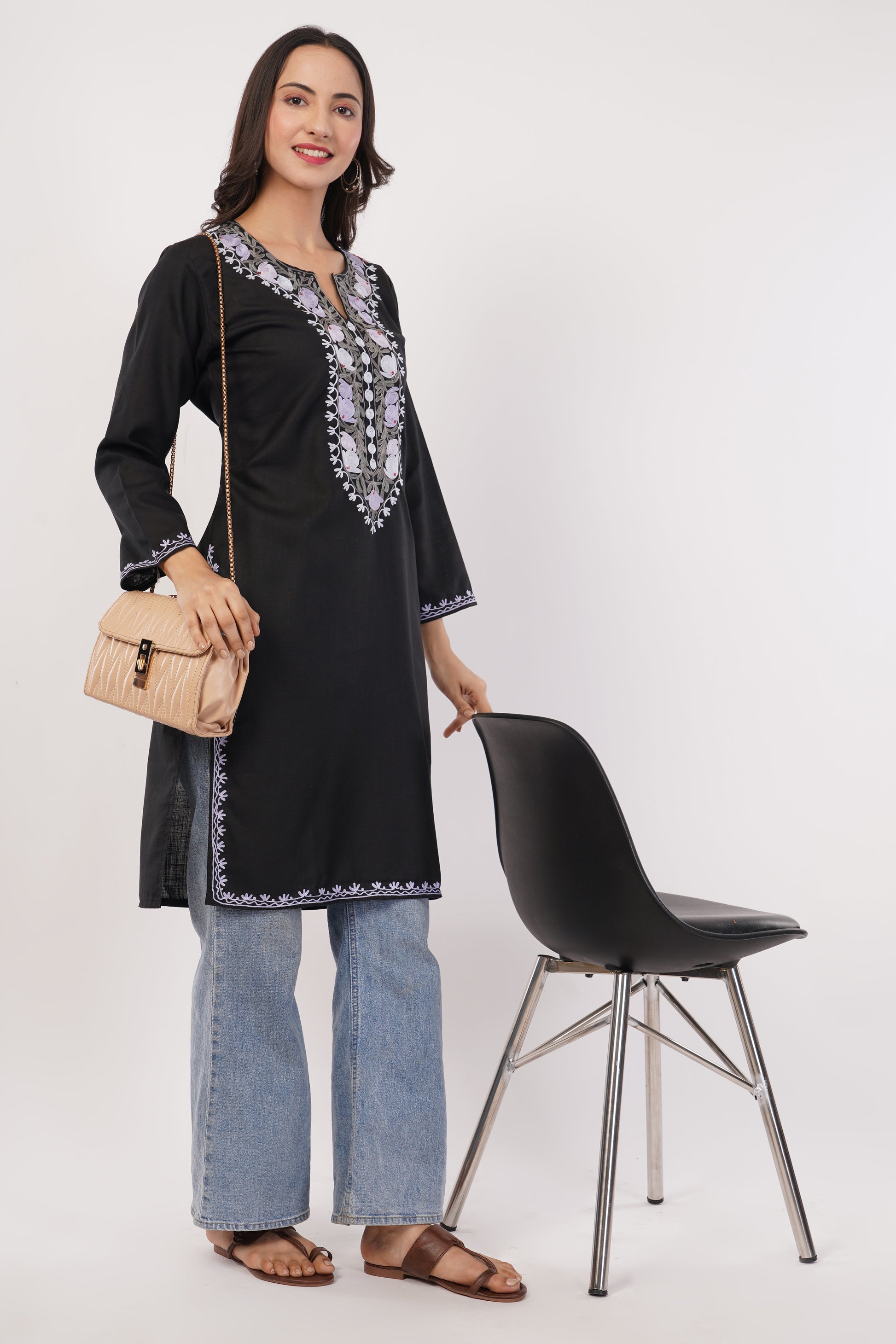 Kashmiri Aari embroidery Cotton Long Kurti Size-38 (Black)