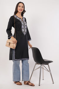 Kashmiri Aari embroidery Cotton Long Kurti Size-38 (Black)