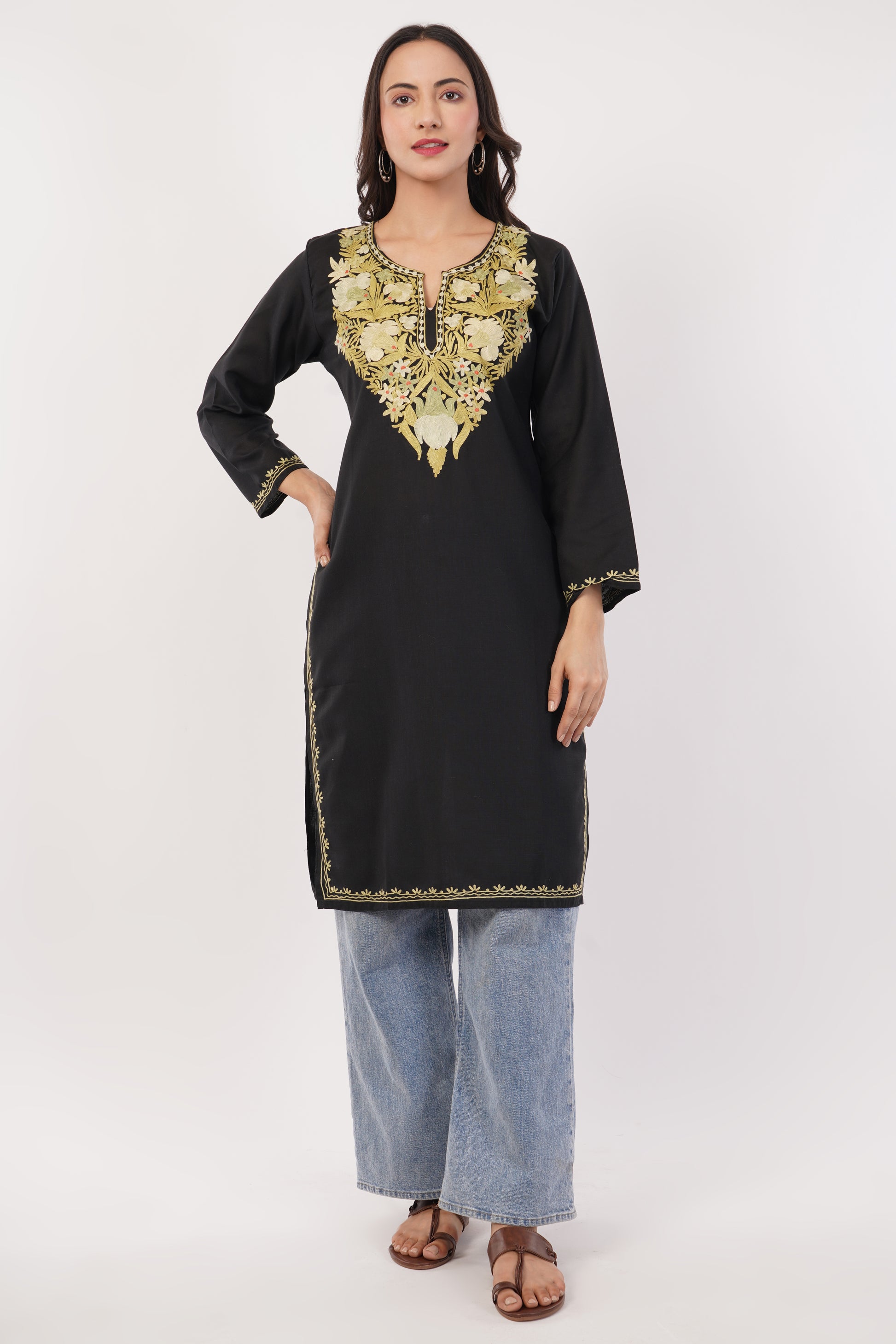Kashmiri Aari embroidery Cotton Long Kurti Size-38 (Black)