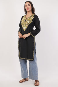 Kashmiri Aari embroidery Cotton Long Kurti Size-38 (Black)