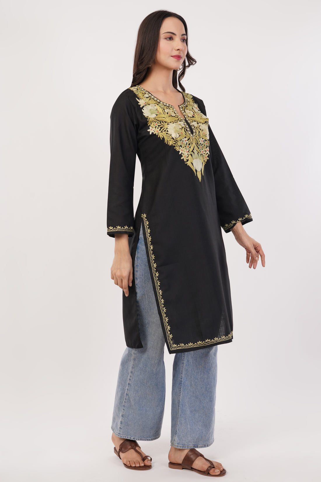 Kashmiri Aari embroidery Cotton Long Kurti Size-38 (Black)