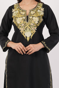 Kashmiri Aari embroidery Cotton Long Kurti Size-38 (Black)