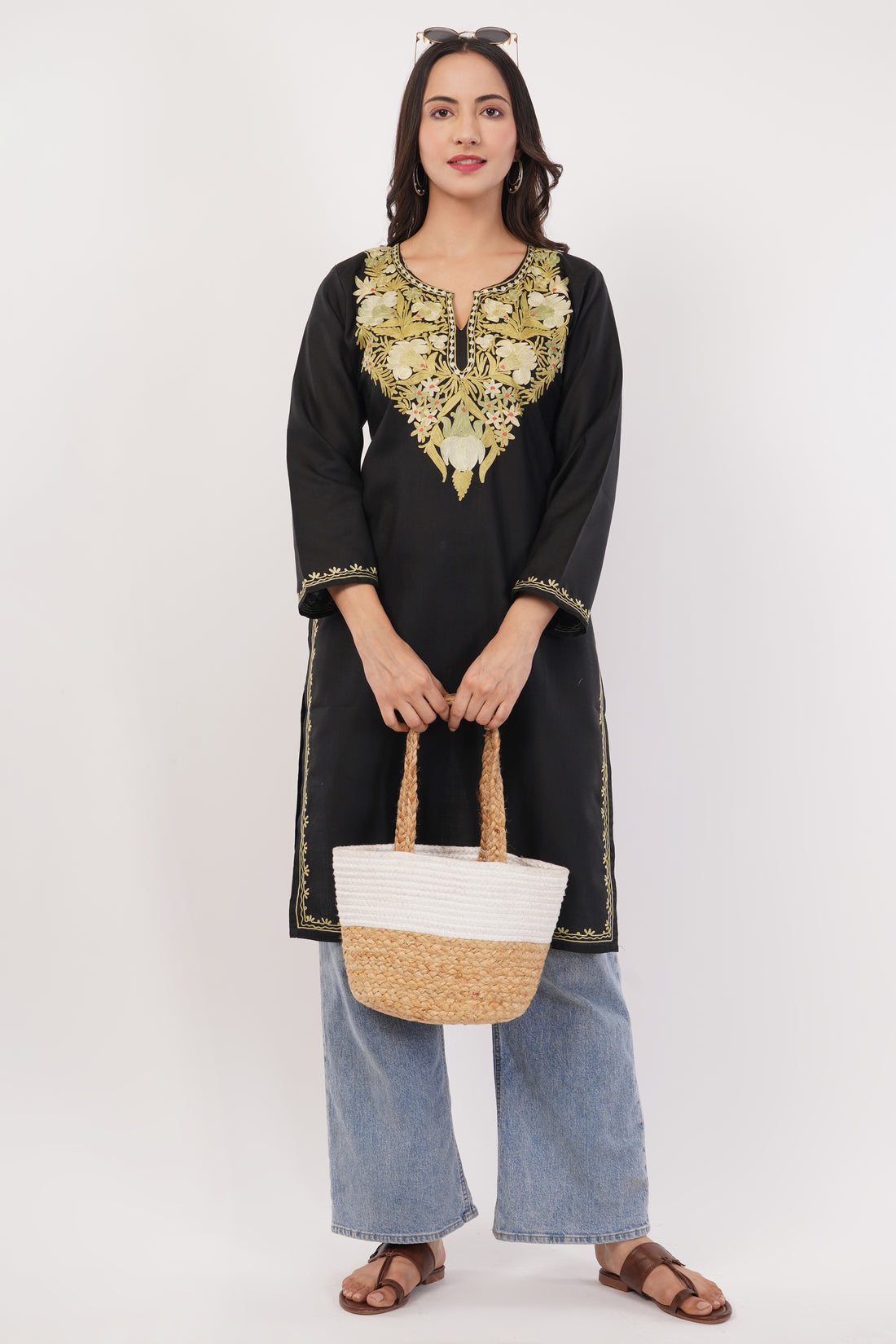 Kashmiri Aari embroidery Cotton Long Kurti Size-38 (Black)