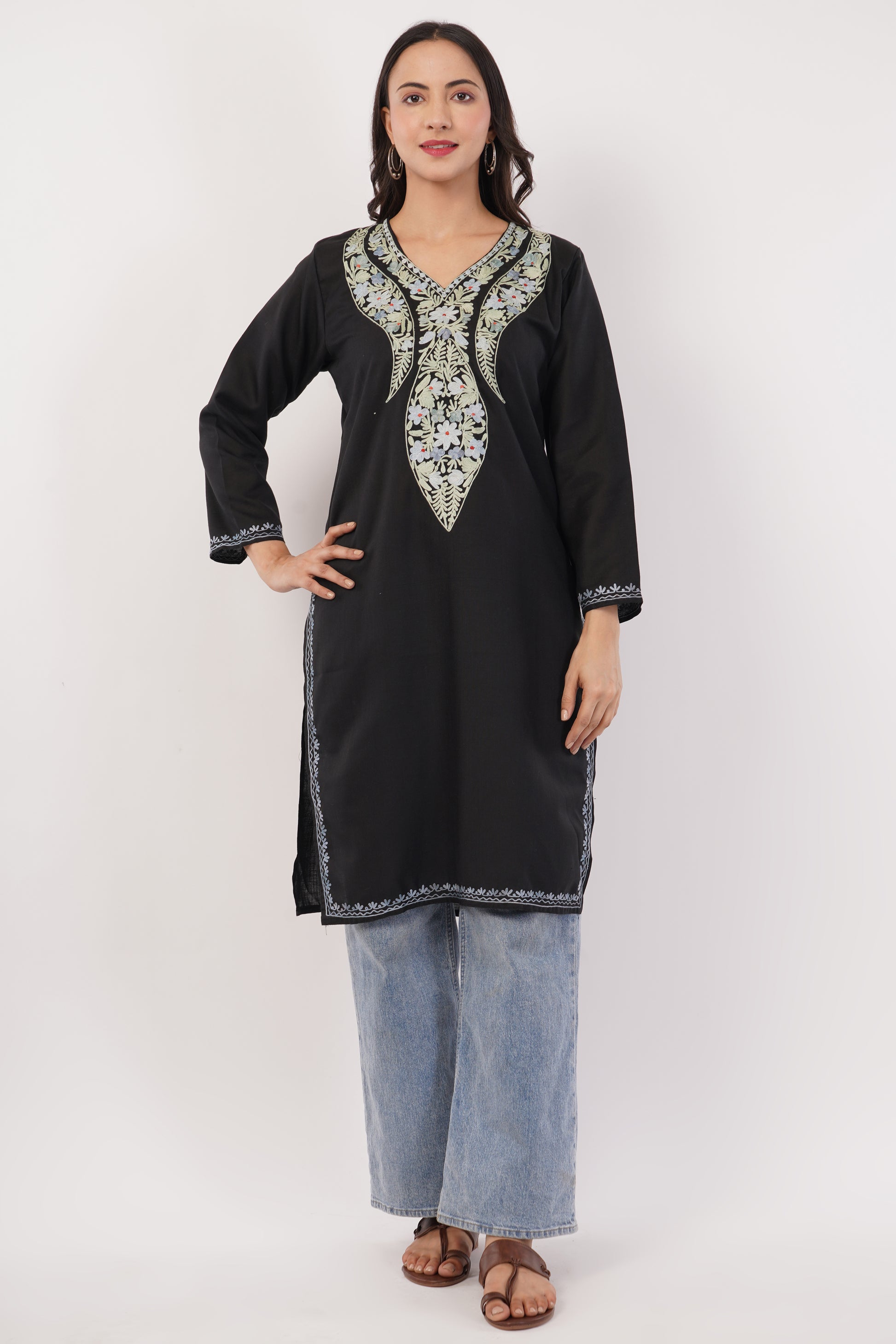 Kashmiri Aari embroidery Cotton Long Kurti Size-38 (Black)