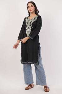 Kashmiri Aari embroidery Cotton Long Kurti Size-38 (Black)