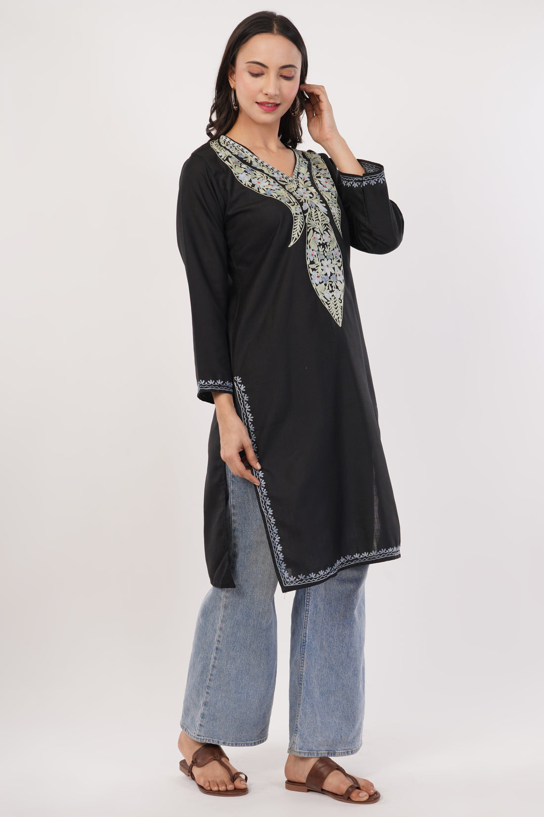 Kashmiri Aari embroidery Cotton Long Kurti Size-38 (Black)