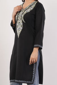 Kashmiri Aari embroidery Cotton Long Kurti Size-38 (Black)
