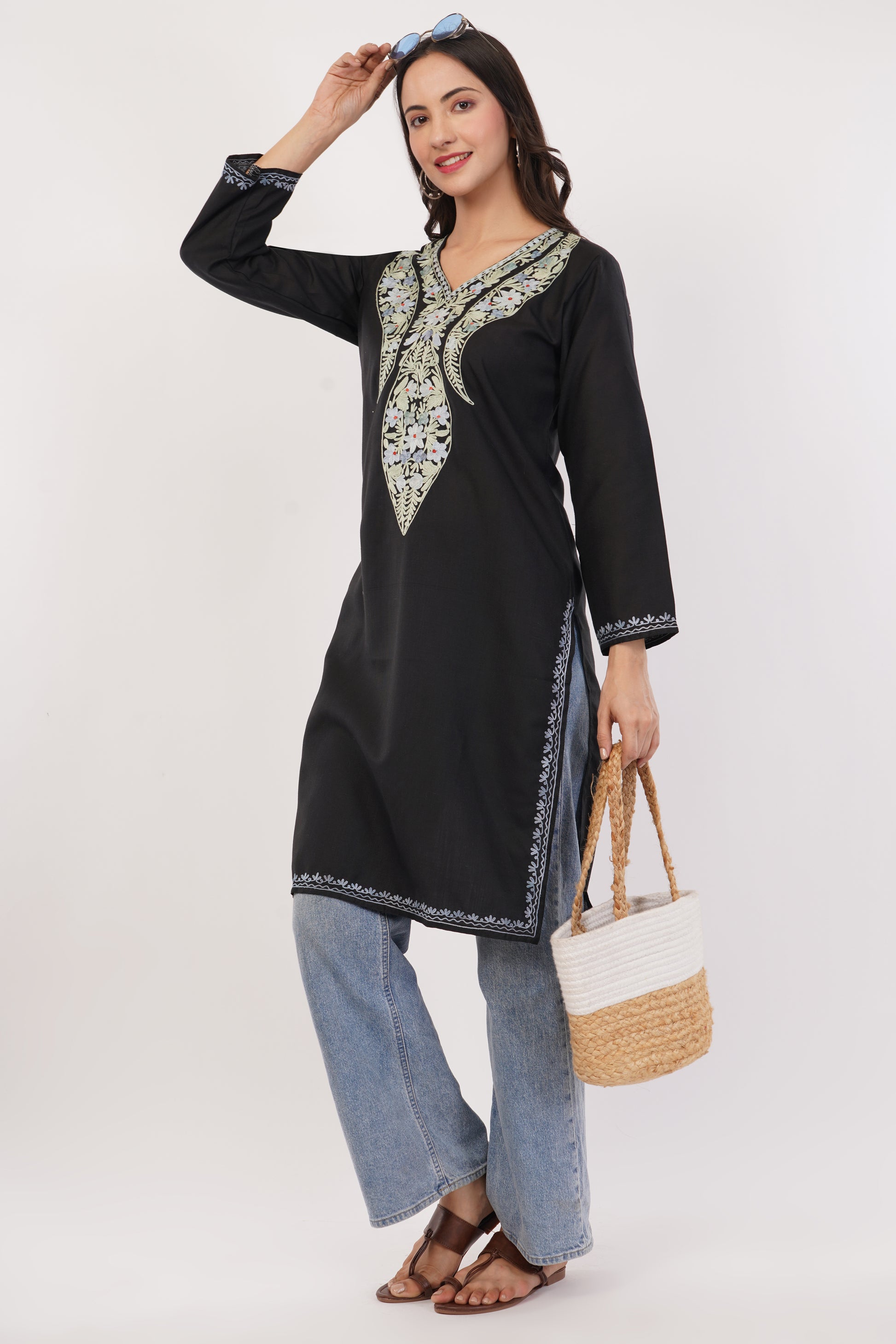Kashmiri Aari embroidery Cotton Long Kurti Size-38 (Black)