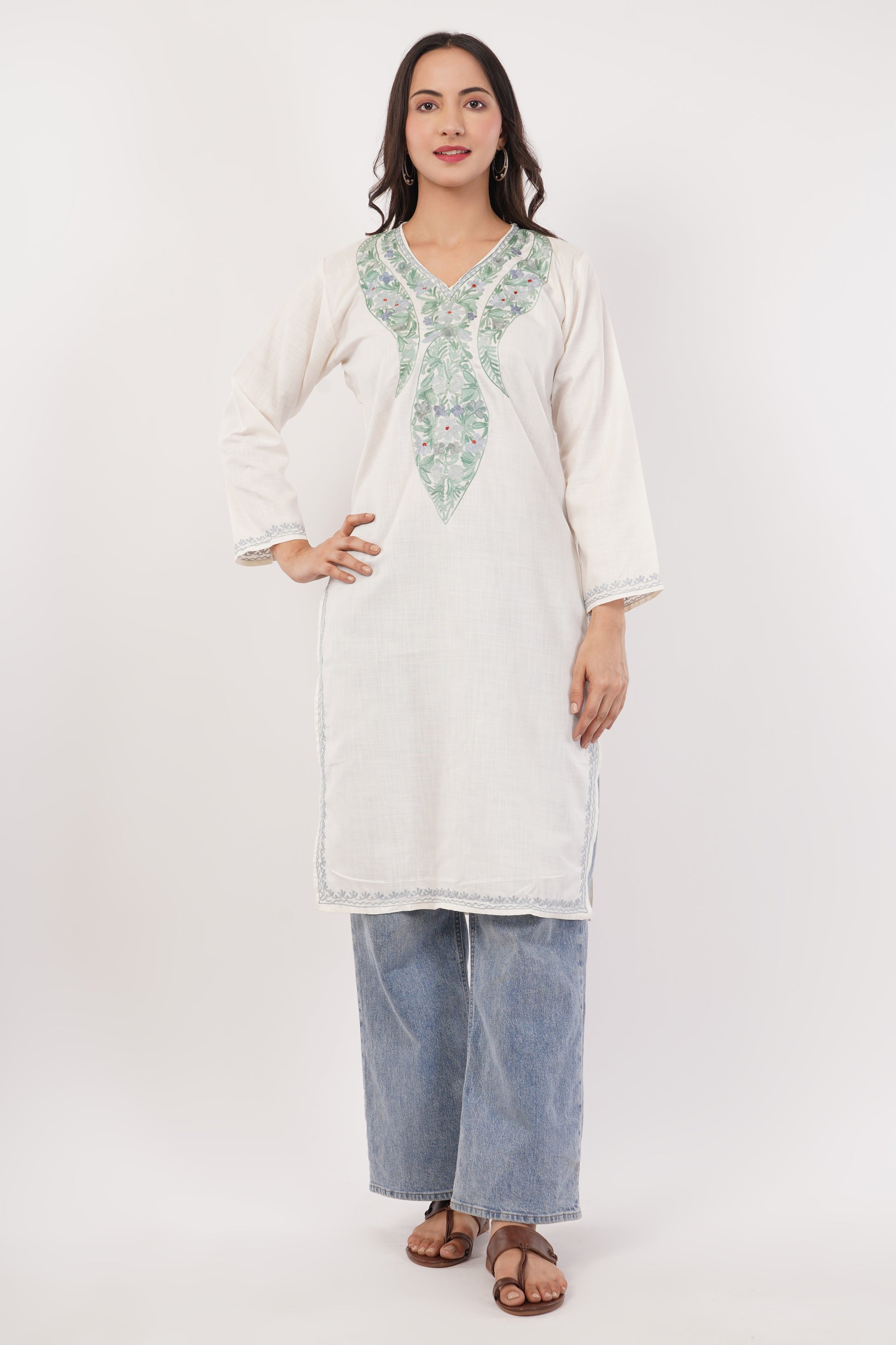 Kashmiri Aari embroidery Cotton Long Kurti Size-38 (White)