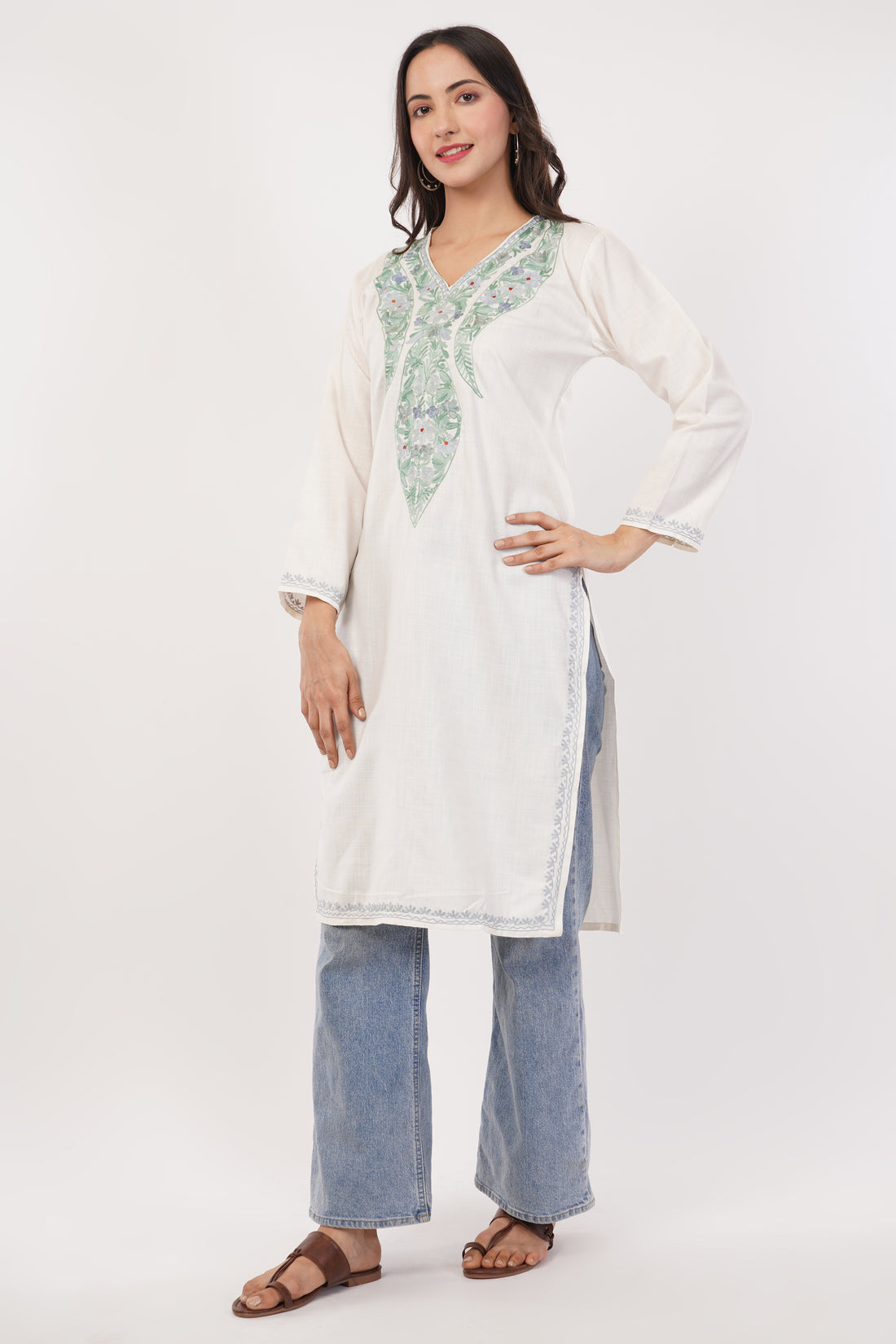 Kashmiri Aari embroidery Cotton Long Kurti Size-38 (White)