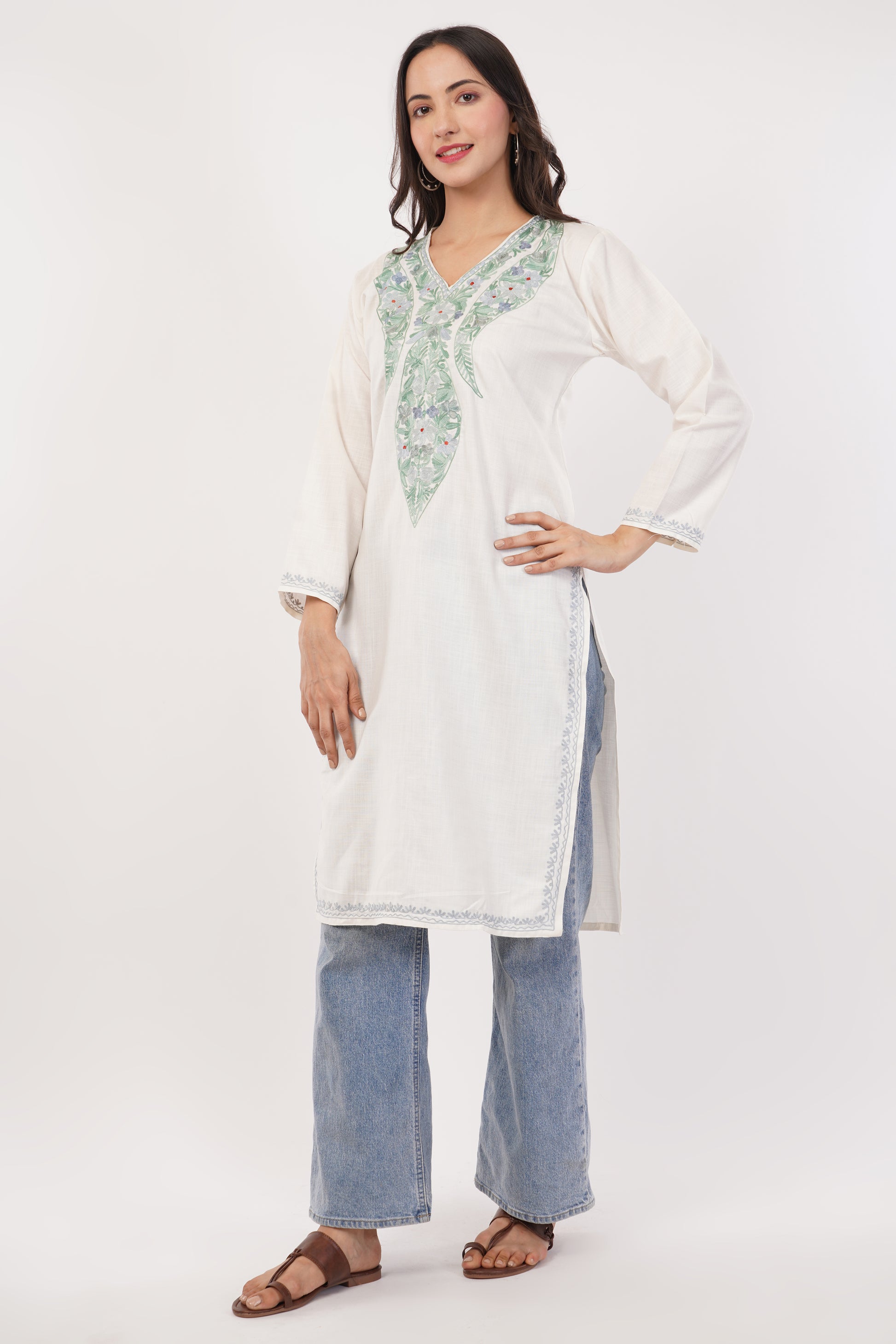Kashmiri Aari embroidery Cotton Long Kurti Size-38 (White)