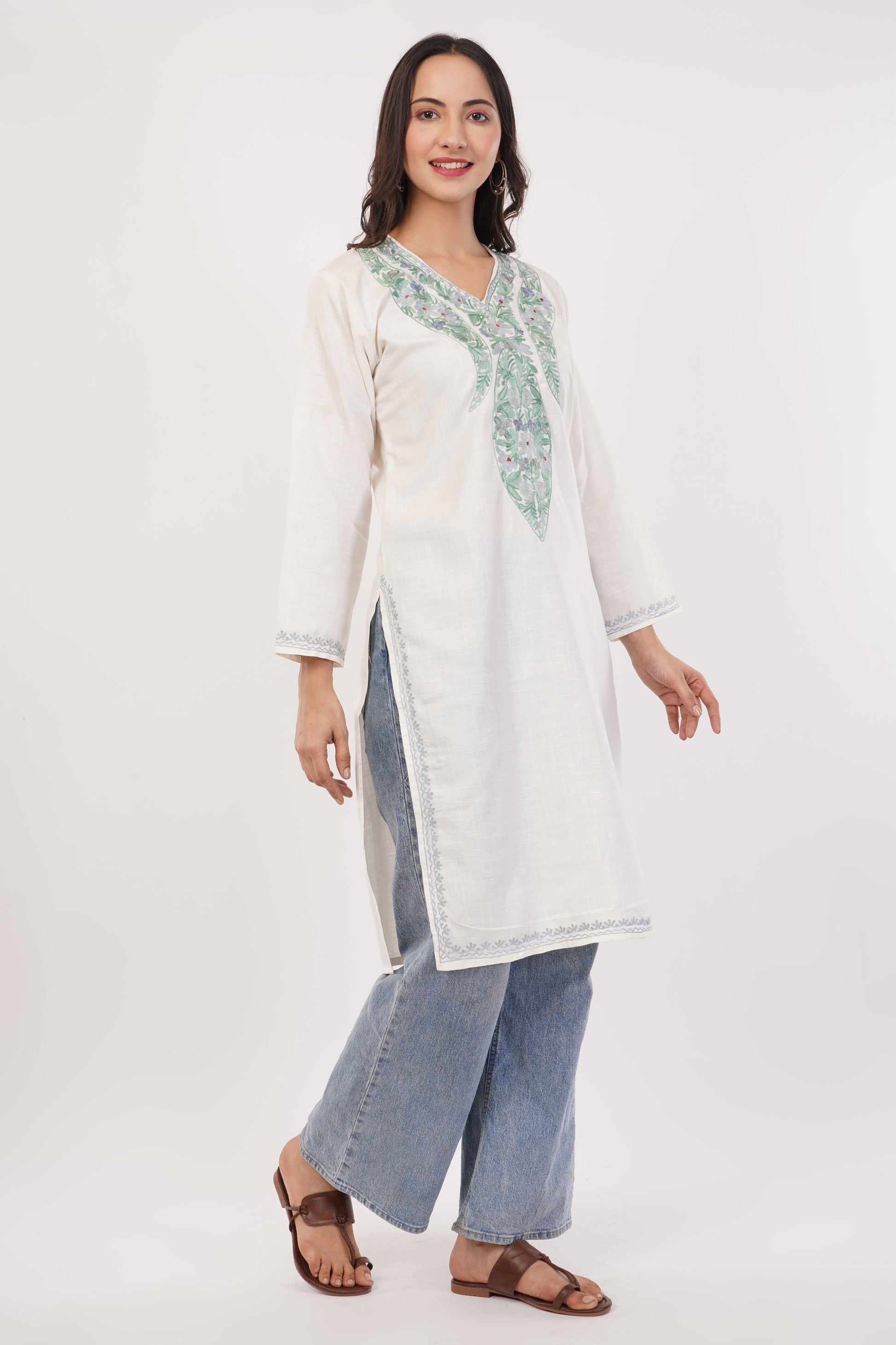 Kashmiri Aari embroidery Cotton Long Kurti Size-38 (White)