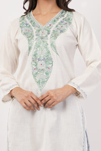 Kashmiri Aari embroidery Cotton Long Kurti Size-38 (White)