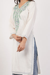 Kashmiri Aari embroidery Cotton Long Kurti Size-38 (White)