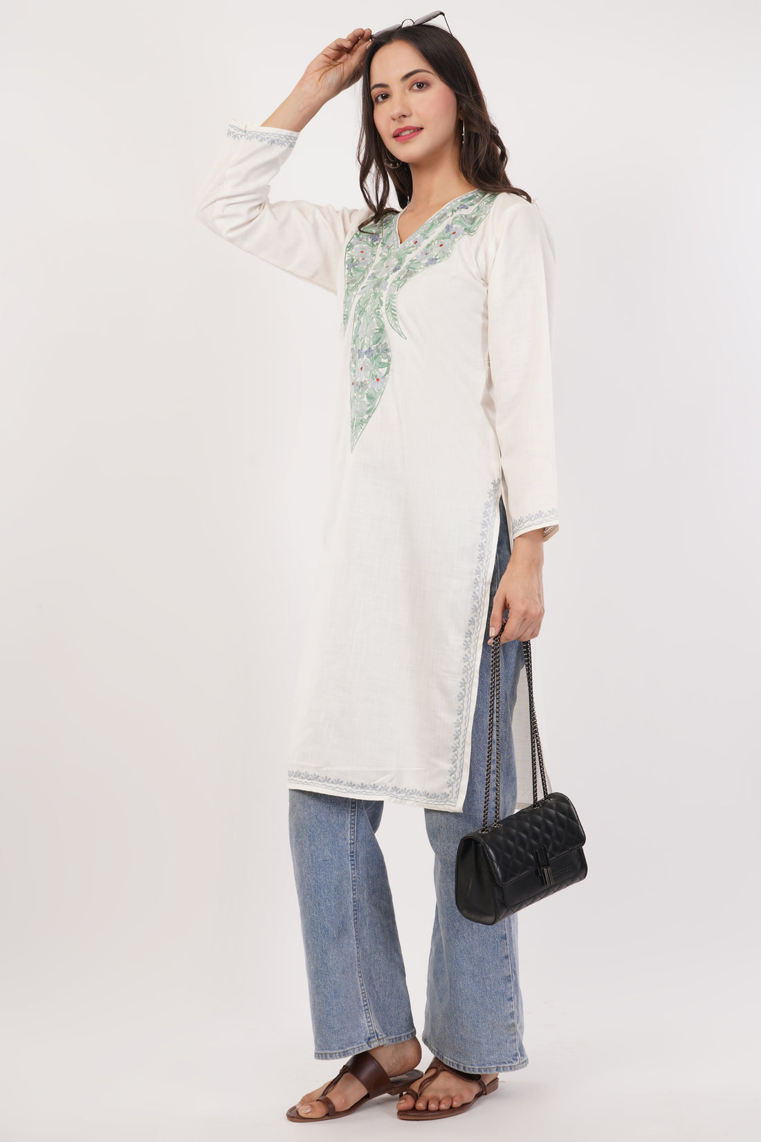 Kashmiri Aari embroidery Cotton Long Kurti Size-38 (White)