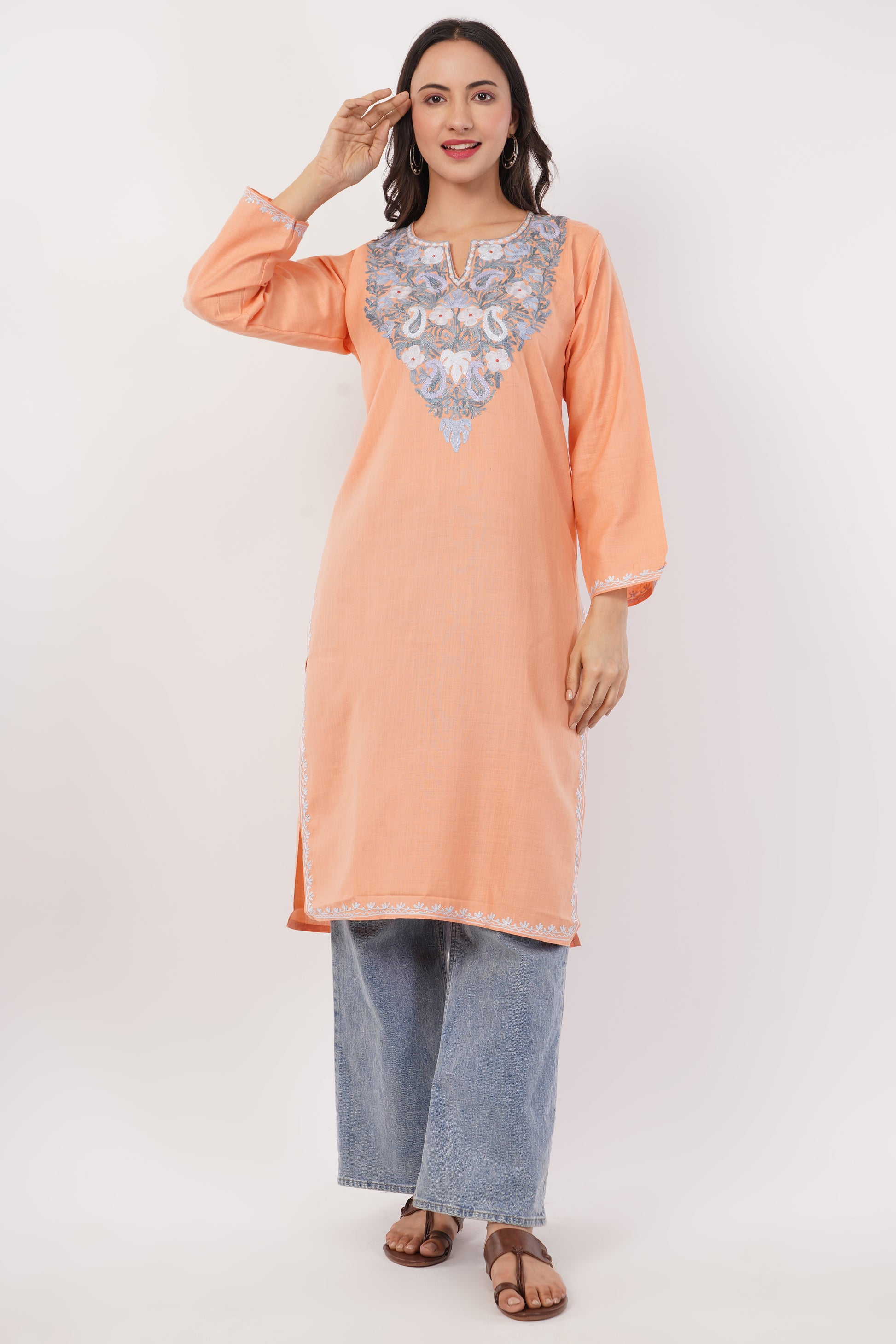 Kashmiri Aari embroidery Cotton Long Kurti Size-38 (Peach)