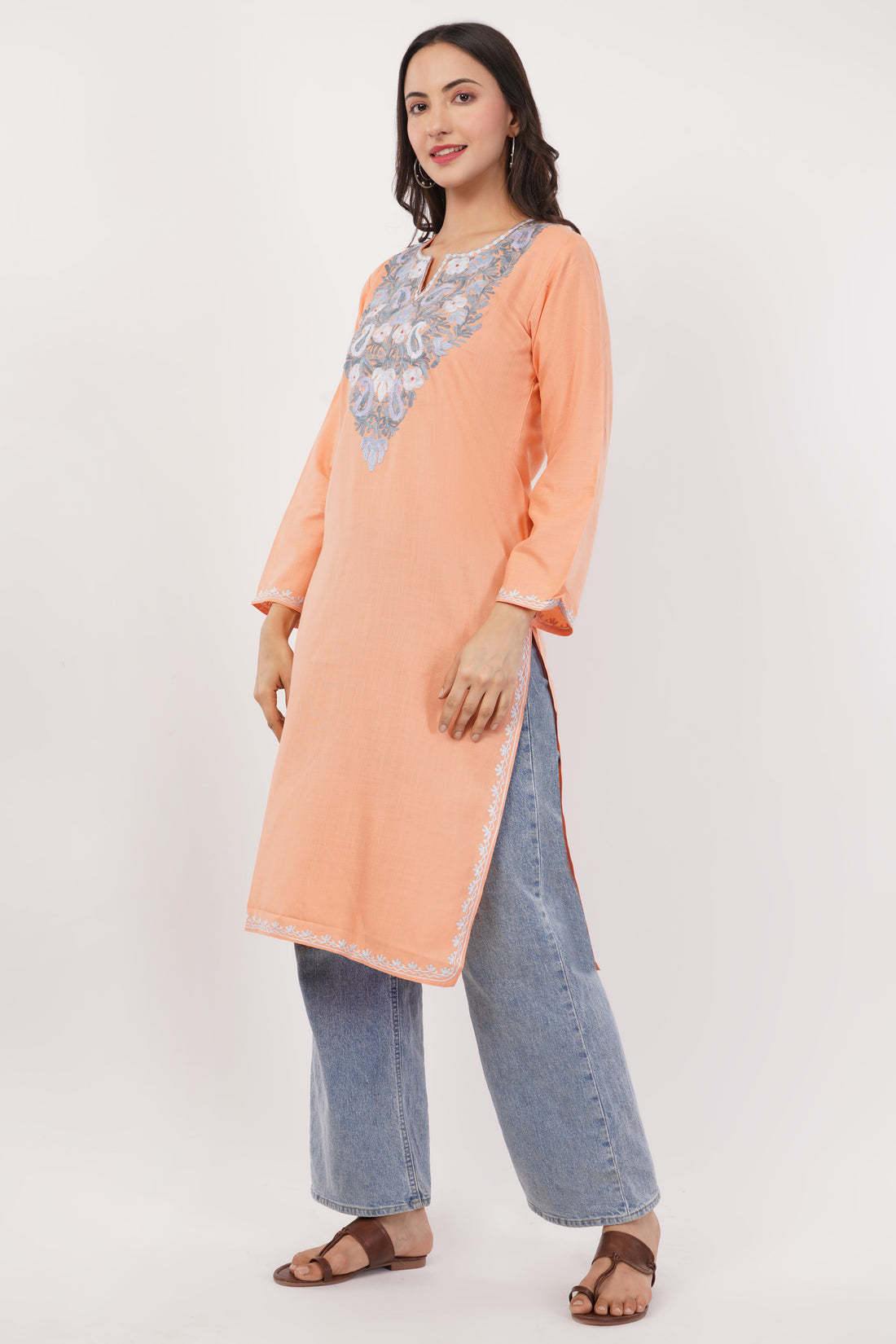 Kashmiri Aari embroidery Cotton Long Kurti Size-38 (Peach)