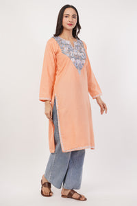 Kashmiri Aari embroidery Cotton Long Kurti Size-38 (Peach)
